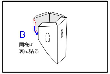 パーツBの組み立て方のイラスト。Aと同じようにのりしろを裏側に貼って、窓のある塔の形にする